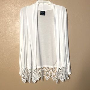 Light weight open cardigan. White with lace bottom. Soft and feminine. Size S.